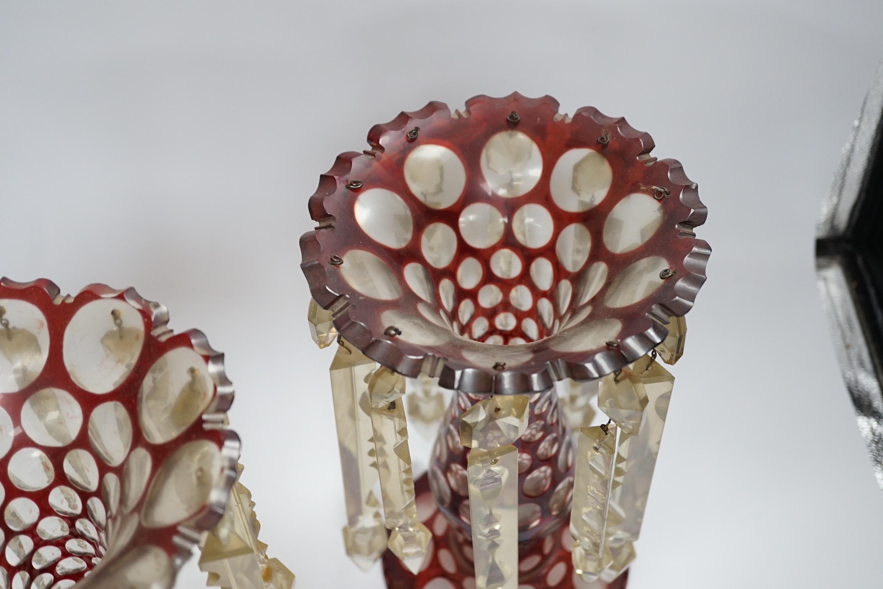 A pair of late 19th century Bohemian ruby flashed glass lustres, 30cm tall